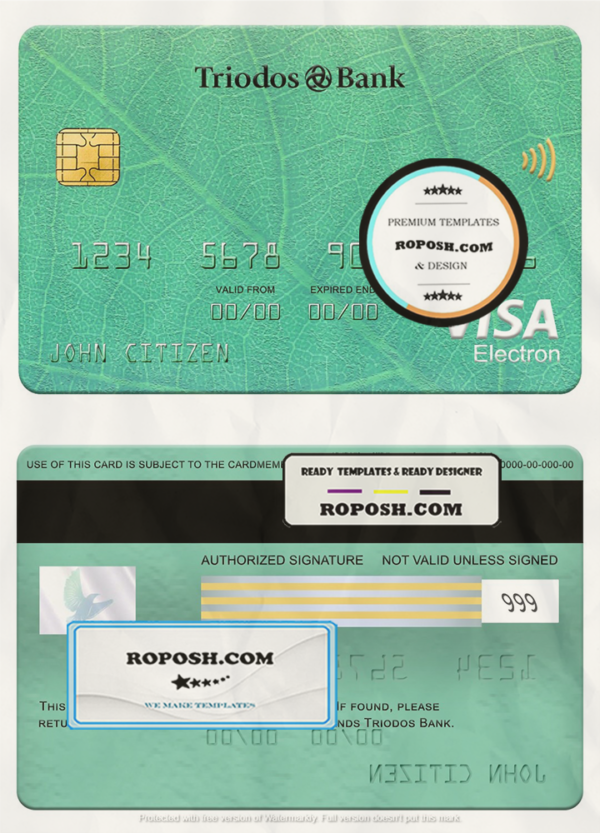Netherlands Triodos bank visa electron card, fully editable template in PSD format scan effect