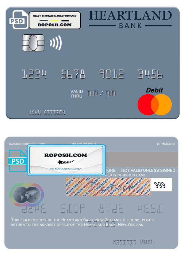 New Zealand Heartland Bank mastercard credit card template in PSD format