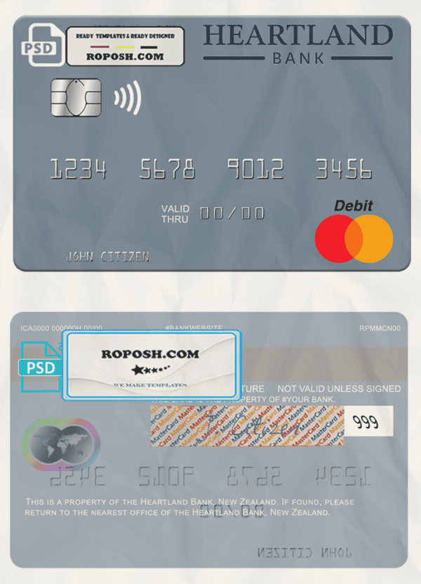 New Zealand Heartland Bank mastercard credit card template in PSD format