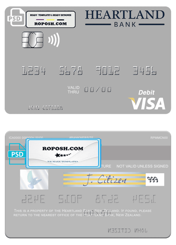 New Zealand Heartland Bank visa debit card template in PSD format