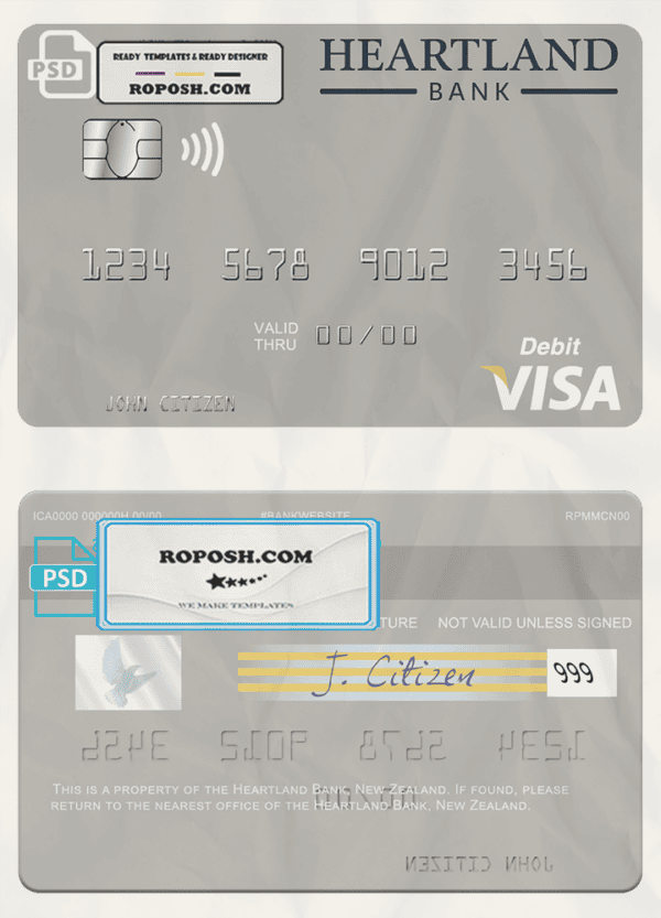 New Zealand Heartland Bank visa debit card template in PSD format