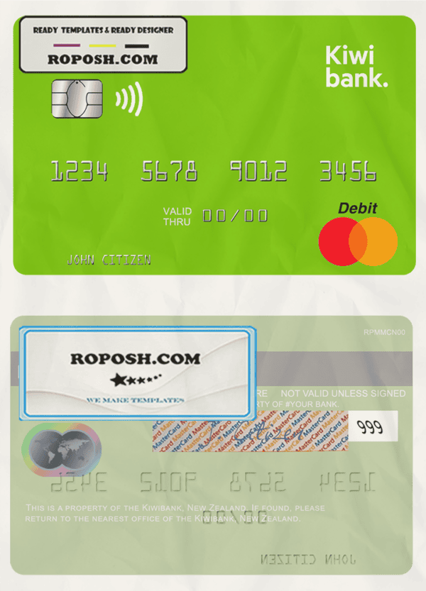 New Zealand Kiwibank mastercard credit card template in PSD format