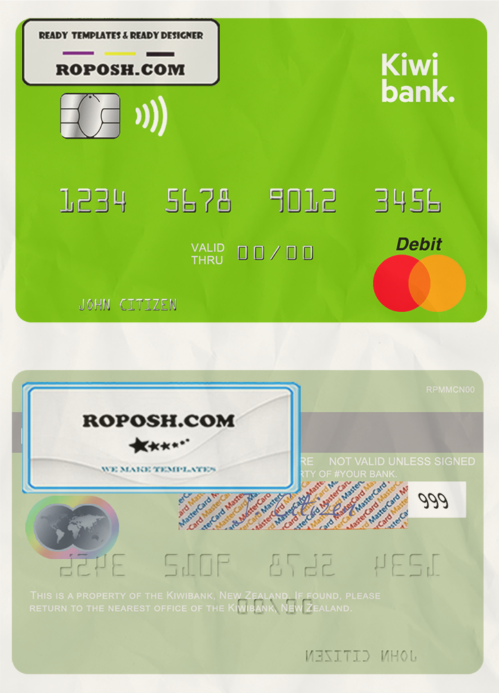 New Zealand Kiwibank mastercard credit card template in PSD format scan effect