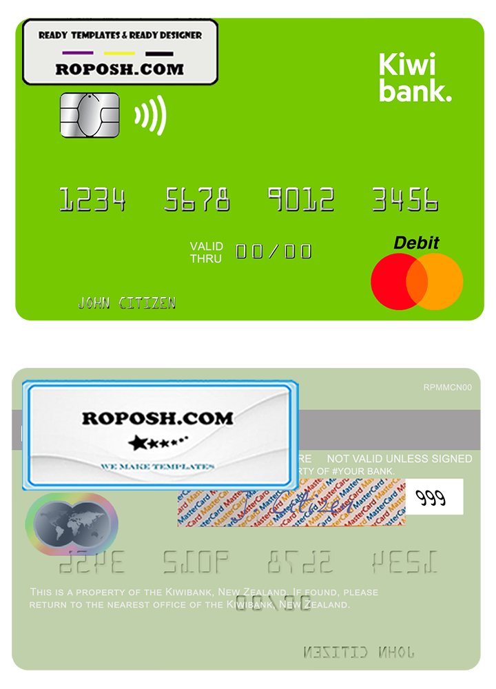 New Zealand Kiwibank mastercard credit card template in PSD format