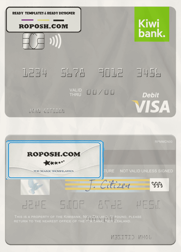 New Zealand Kiwibank visa debit card template in PSD format