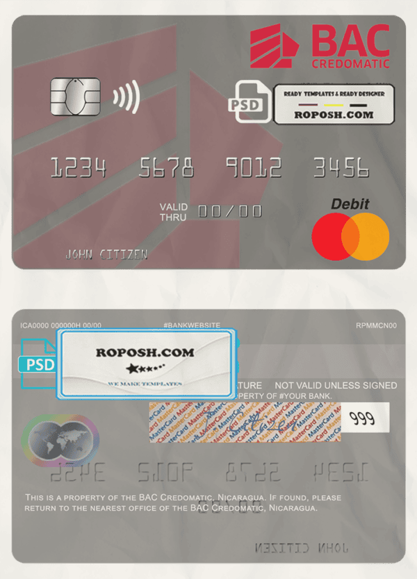 Nicaragua BAC Credomatic mastercard credit card template in PSD format
