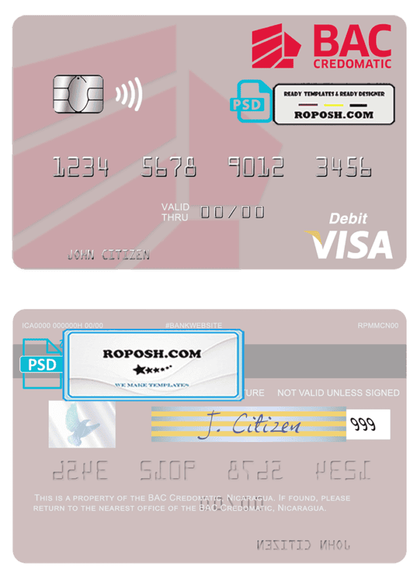 Nicaragua BAC Credomatic visa debit card template in PSD format