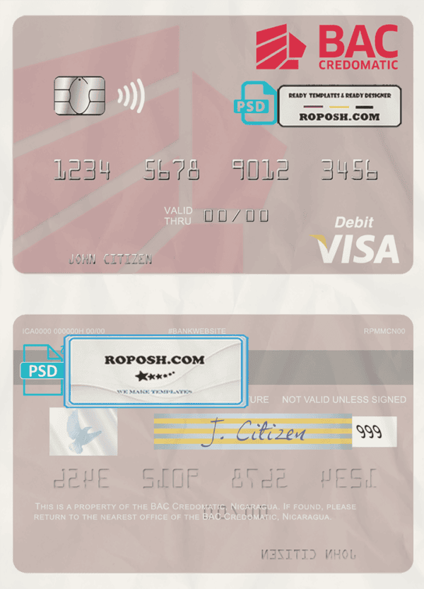Nicaragua BAC Credomatic visa debit card template in PSD format