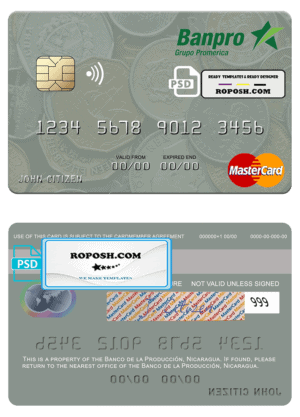 Nicaragua Banco de la Producción mastercard credit card template in PSD format