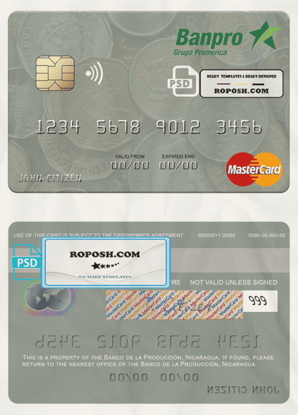 Nicaragua Banco de la Producción mastercard credit card template in PSD format
