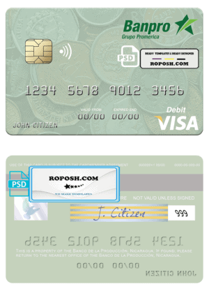 Nicaragua Banco de la Producción visa debit card template in PSD format