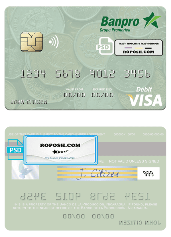 Nicaragua Banco de la Producción visa debit card template in PSD format