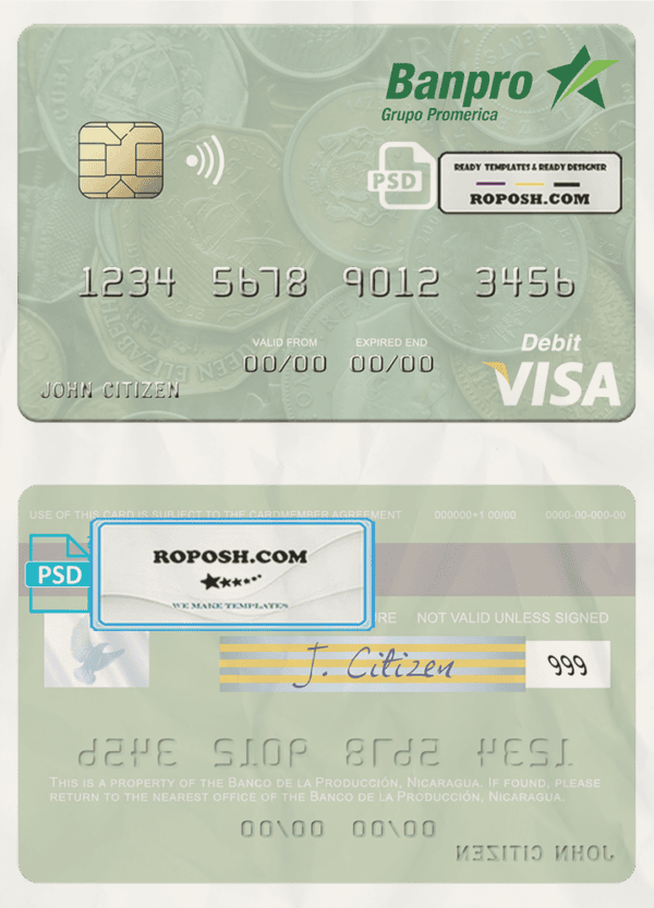 Nicaragua Banco de la Producción visa debit card template in PSD format