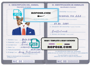 Nicaragua cat (animal, pet) passport PSD template, fully editable