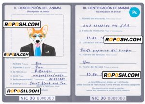 Nicaragua dog (animal, pet) passport PSD template, fully editable