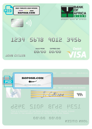 Niger Bank of Africa visa debit card, fully editable template in PSD format