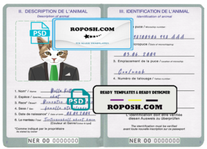 Niger cat (animal, pet) passport PSD template, completely editable