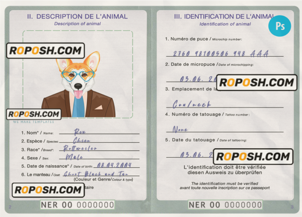 Niger dog (animal, pet) passport PSD template, completely editable scan effect