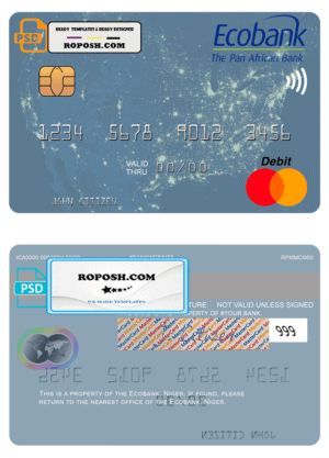 Niger Ecobank mastercard, fully editable template in PSD format