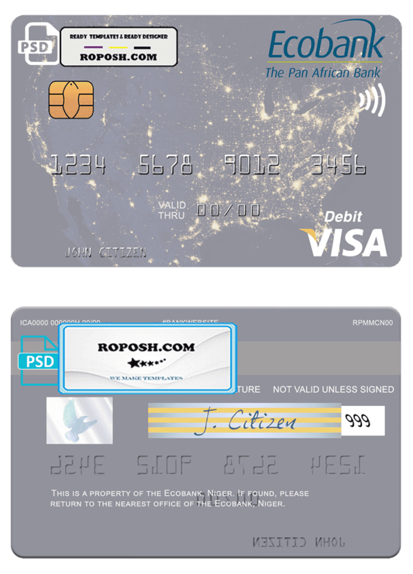 Niger Ecobank visa debit card, fully editable template in PSD format