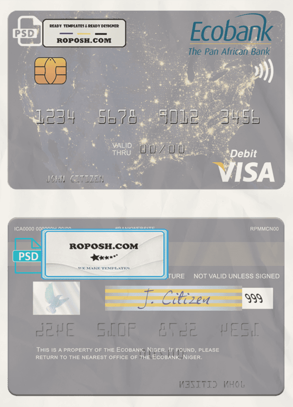 Niger Ecobank visa debit card, fully editable template in PSD format