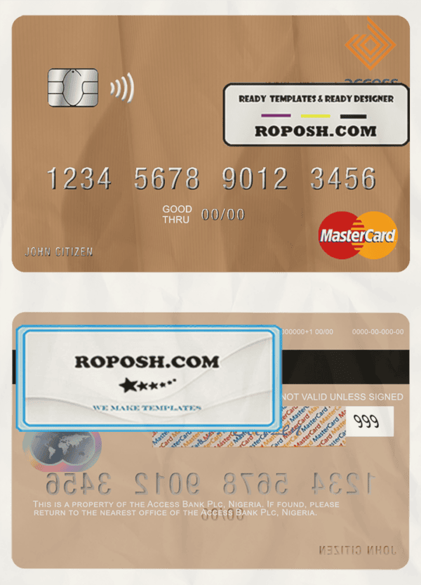 Nigeria Access Bank Plc mastercard, fully editable template in PSD format