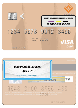 Nigeria Access Bank Plc visa debit card, fully editable template in PSD format