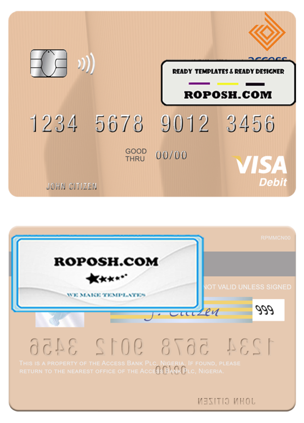 Nigeria Access Bank Plc visa debit card, fully editable template in PSD format