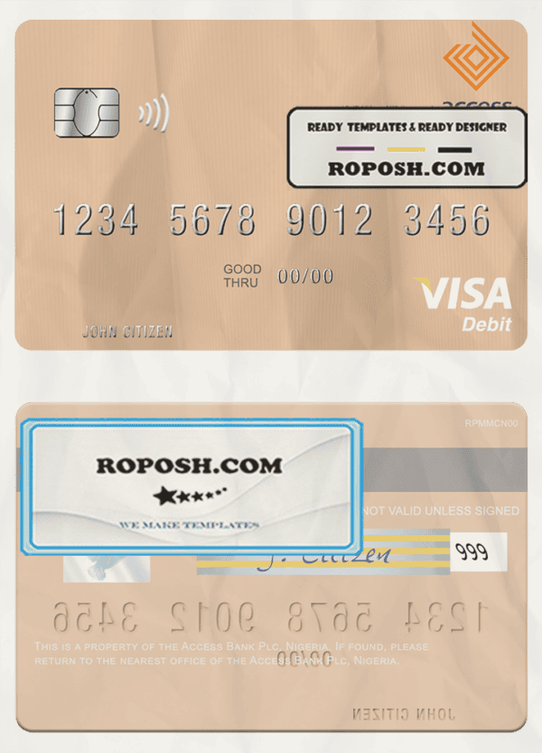 Nigeria Access Bank Plc visa debit card, fully editable template in PSD format