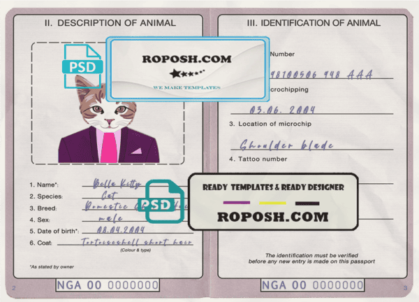 Nigeria cat (animal, pet) passport PSD template, fully editable