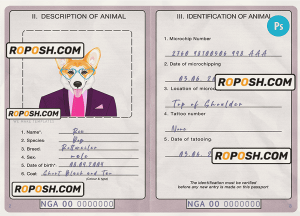 Nigeria dog (animal, pet) passport PSD template, fully editable