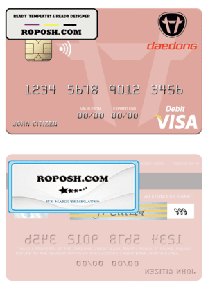 North Korea Daedong Credit Bank visa debit card, fully editable template in PSD format