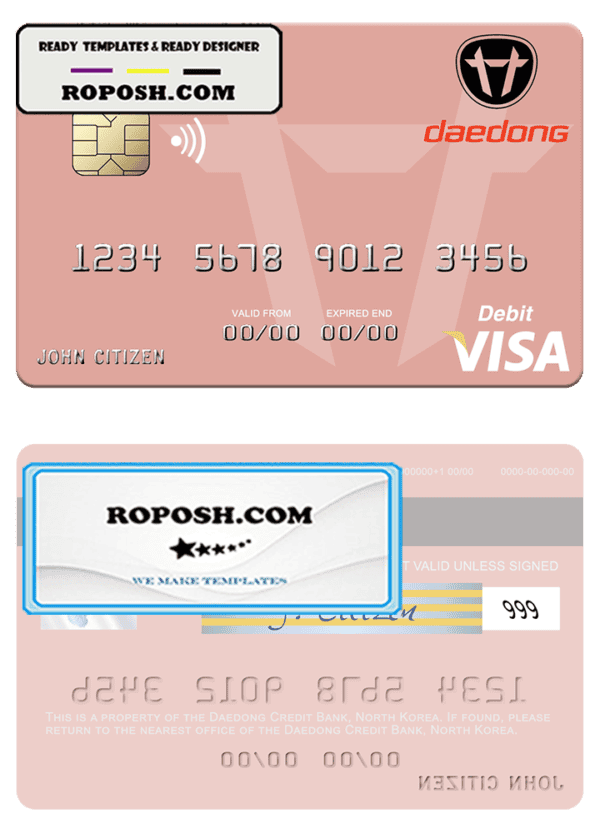 North Korea Daedong Credit Bank visa debit card, fully editable template in PSD format