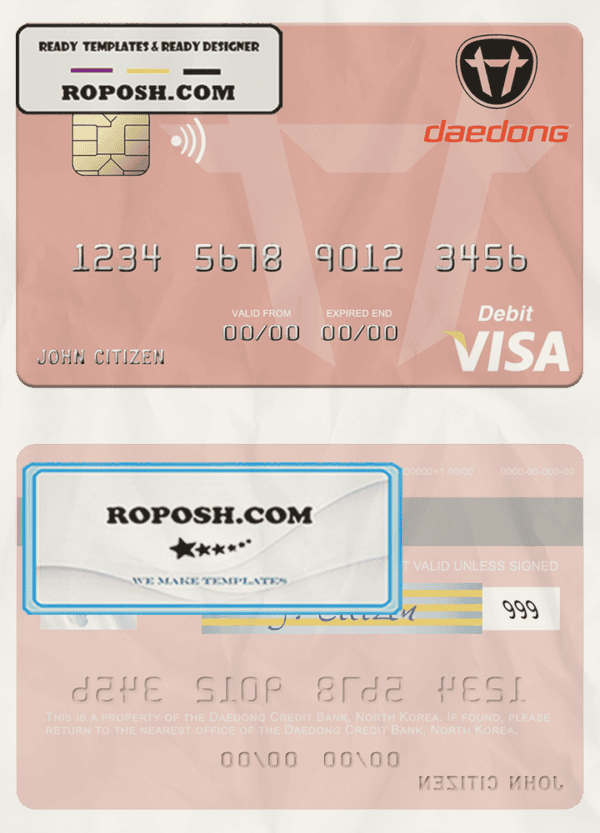 North Korea Daedong Credit Bank visa debit card, fully editable template in PSD format