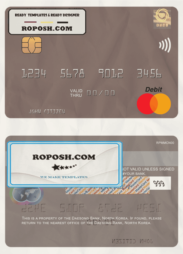 North Korea Daesong Bank mastercard, fully editable template in PSD format