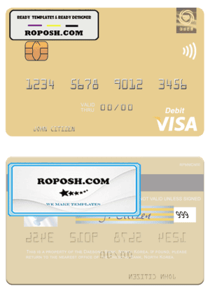 North Korea Daesong Bank visa debit card, fully editable template in PSD format