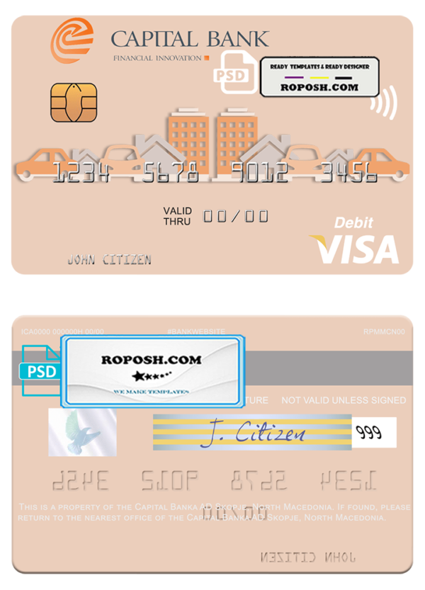 North Macedonia Capital Banka AD Skopje visa debit card, fully editable template in PSD format