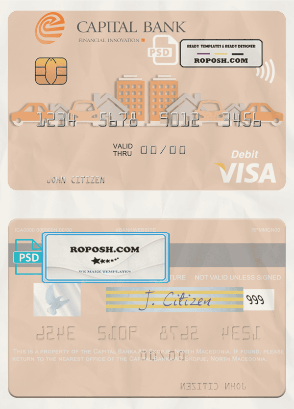 North Macedonia Capital Banka AD Skopje visa debit card, fully editable template in PSD format