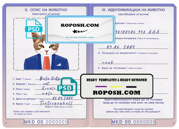 North Macedonia cat (animal, pet) passport PSD template, fully editable
