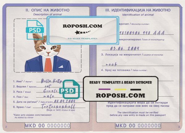 North Macedonia cat (animal, pet) passport PSD template, fully editable