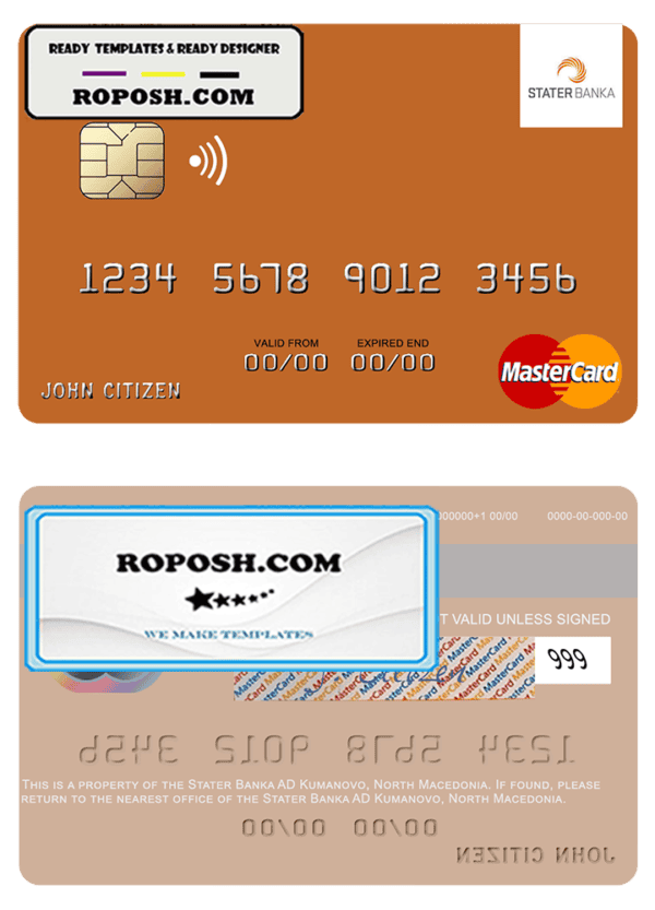 North Macedonia Stater Banka AD Kumanovo mastercard, fully editable template in PSD format