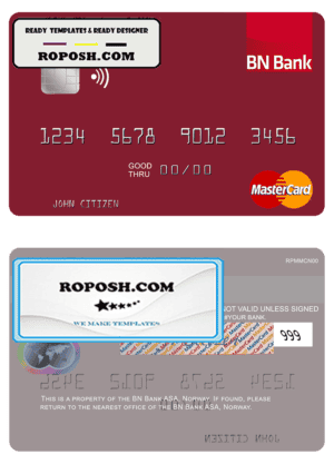 Norway BN Bank ASA mastercard, fully editable template in PSD format
