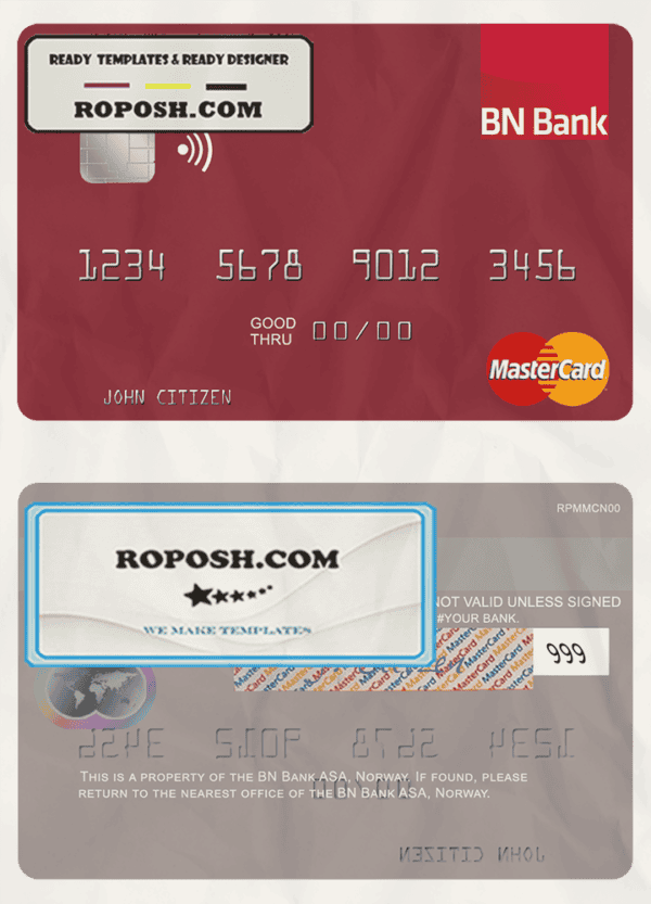 Norway BN Bank ASA mastercard, fully editable template in PSD format