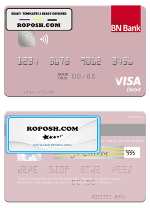 Norway BN Bank ASA visa debit card, fully editable template in PSD format