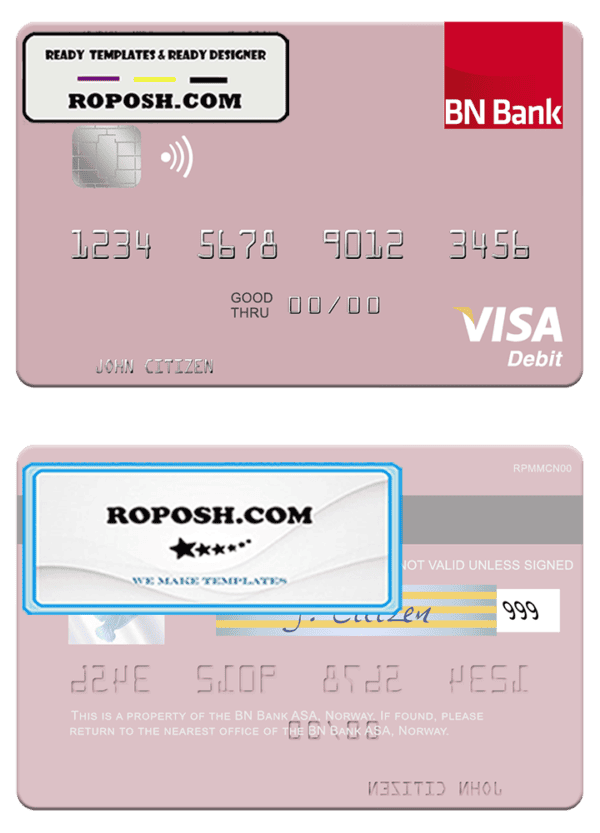 Norway BN Bank ASA visa debit card, fully editable template in PSD format