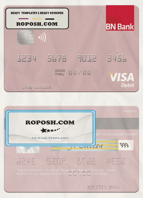 Norway BN Bank ASA visa debit card, fully editable template in PSD format