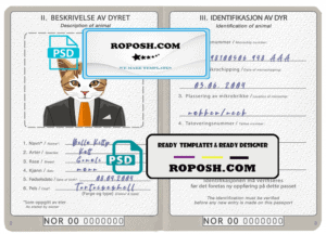 Norway cat (animal, pet) passport PSD template, fully editable