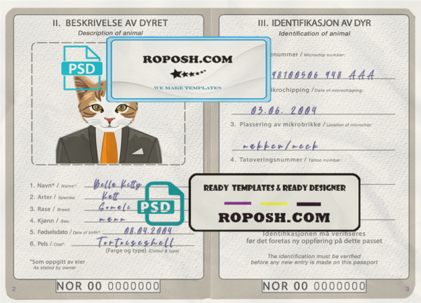 Norway cat (animal, pet) passport PSD template, fully editable scan effect