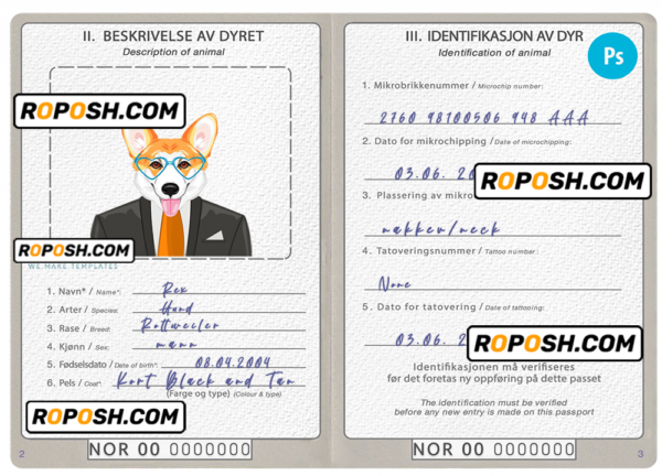 Norway dog (animal, pet) passport PSD template, fully editable