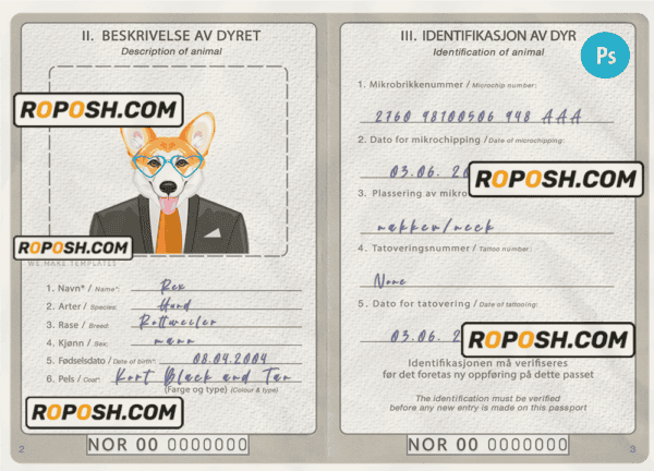 Norway dog (animal, pet) passport PSD template, fully editable